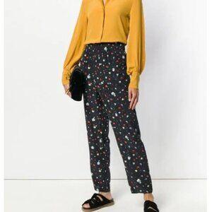Ganni Nolana Floral-print Washed-silk Straight-leg Pants In Black